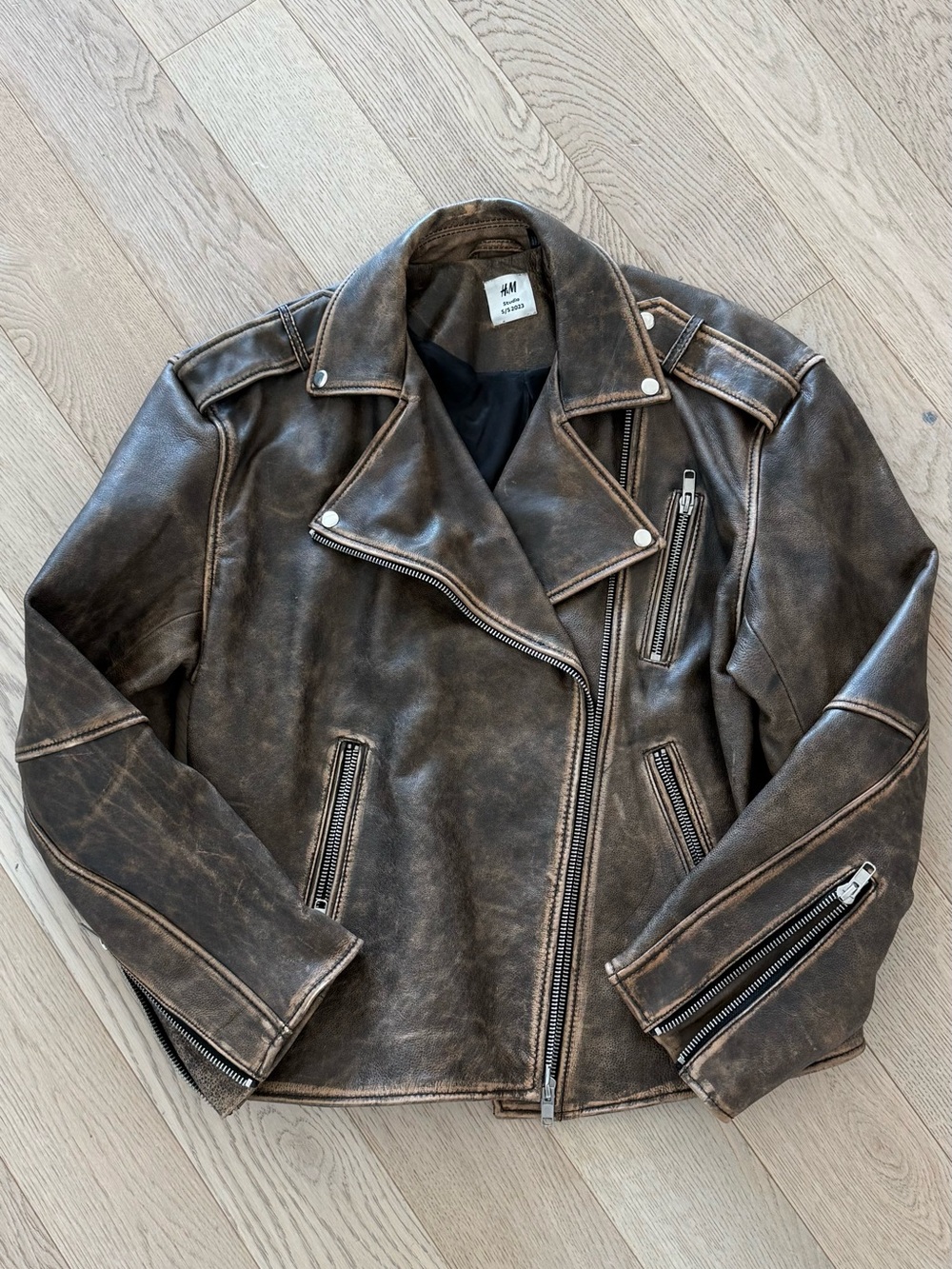 H&M studio Distressed Brown Leather Biker Jacket